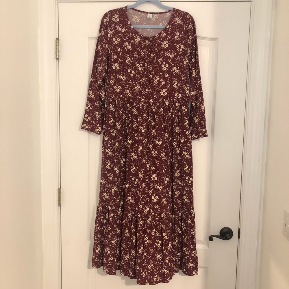 Old Navy Long-sleeve Crimson and White Floral Midi